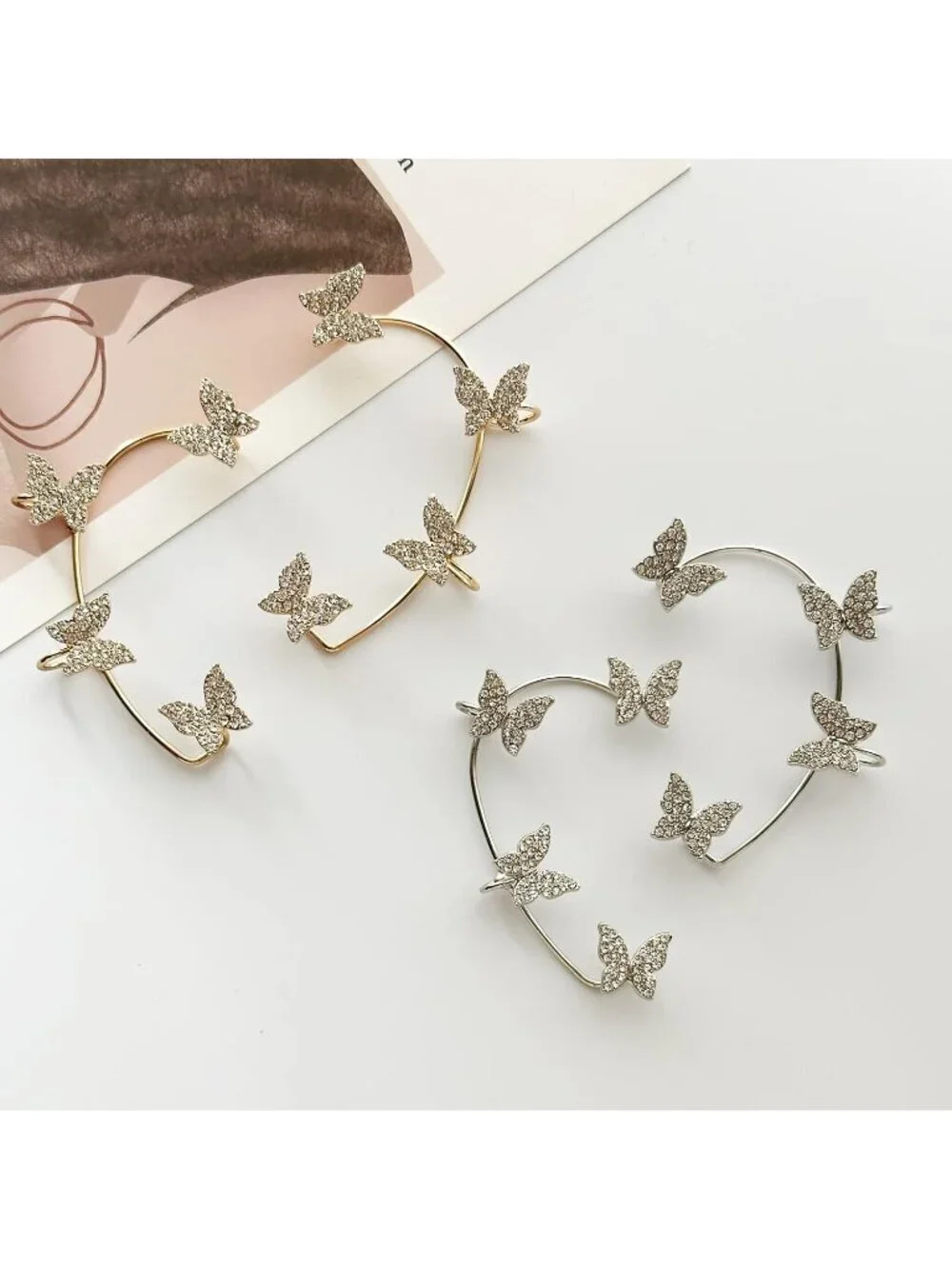 Women's Silver Alloy Butterfly Ear Rhinestone Wrap No Piercing Cuff Clip Earring